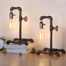 Oumilen - 2 Pack Industrial Pipe Table Lamps – Vintage Steampunk Iron Desk Lamps with Rotary Switch, E26 Socket