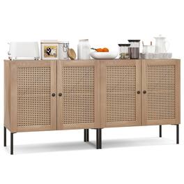 Costway - Set of 2 Rattan Buffet Sideboard Wine Cabinet Cupboard w/ Adjustable Shelf - Oak