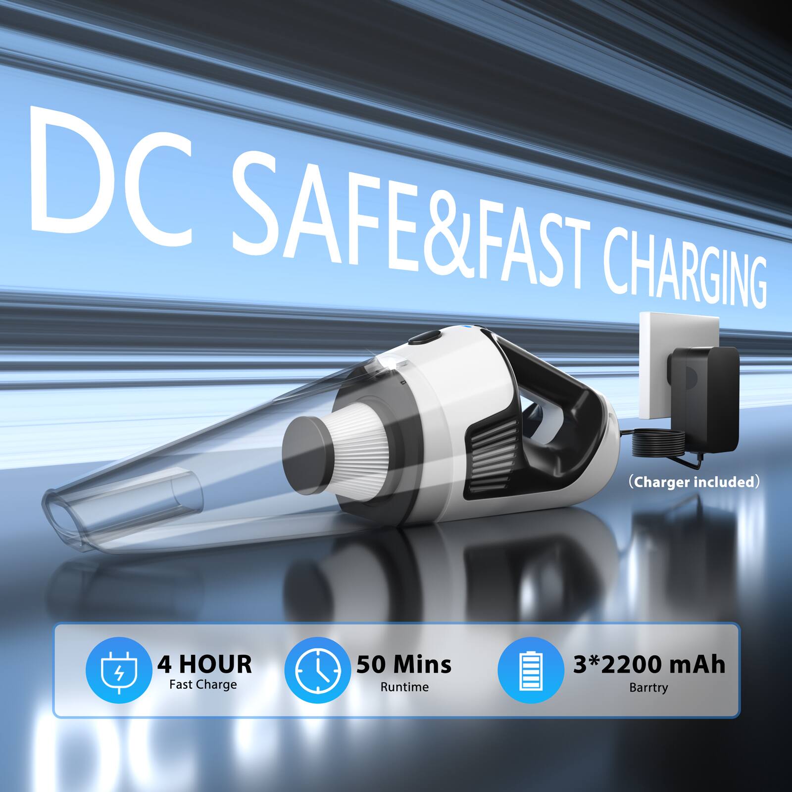 DC SAFE & FAST CHARGING (Charger included)  
4 HOUR Fast Charge  
50 Mins Runtime  
3*2200 mAh Battery