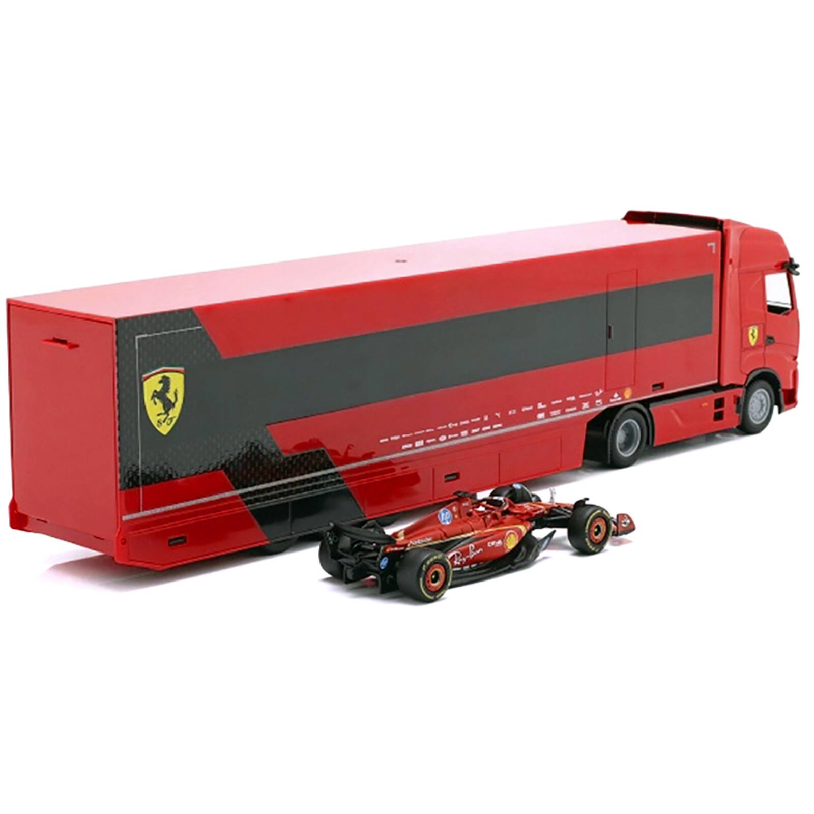 Alt View 2. Bburago - Iveco S-Way 570 Car Transporter Red and Ferrari SF-24 #16 F1 World Championship (2024) 1/43 Diecast Model Car by Bburago.