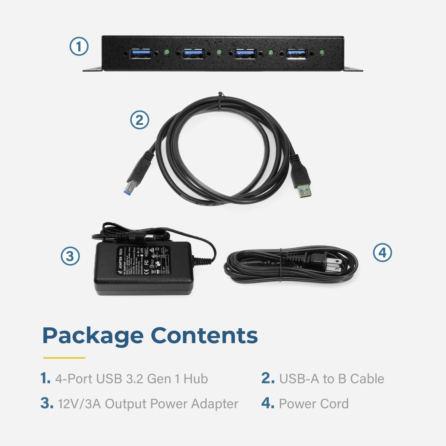 1. 4-Port USB 3.2 Gen 1 Hub  
2. USB-A to B Cable  
3. 12V/3A Output Power Adapter  
4. Power Cord