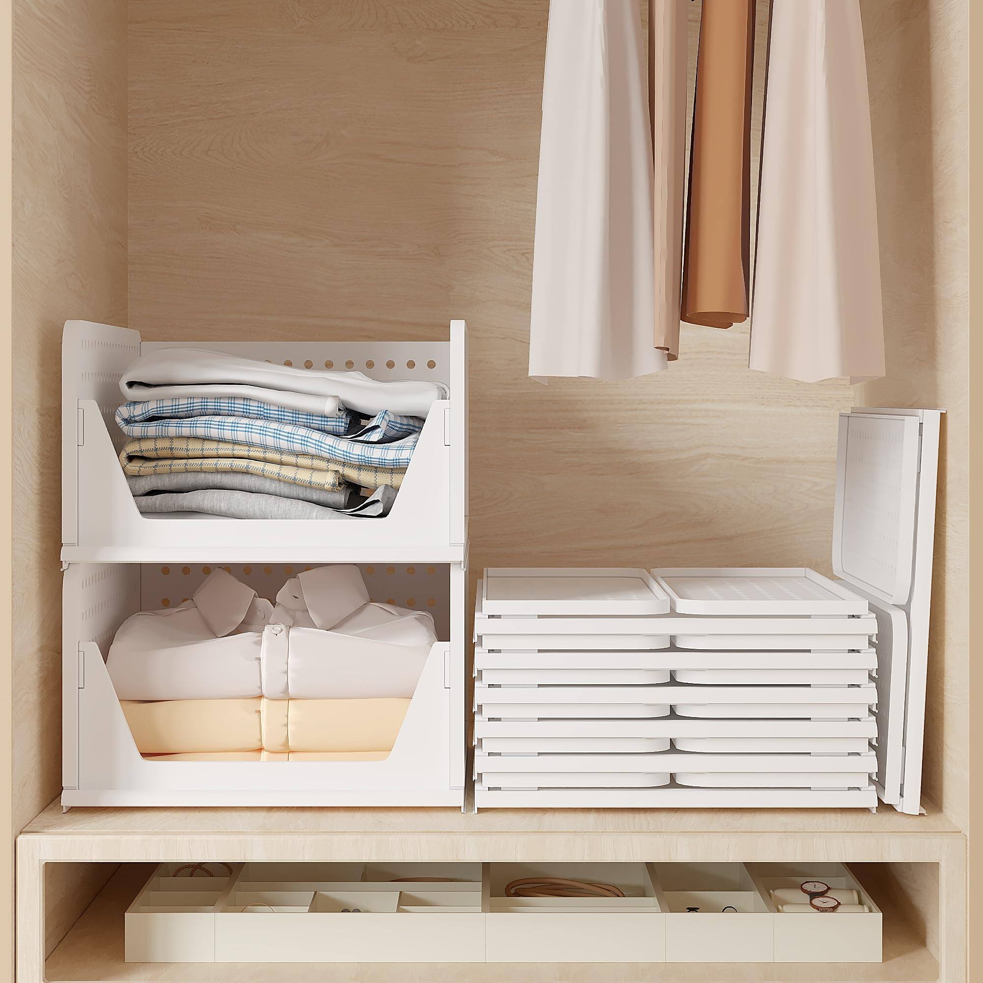 Back. Vecelo - 28" Height Stackable Closet Organizer Storage Bins 4 Pack, Folding Closet Organizers for Clothes and Small Items - Grey.