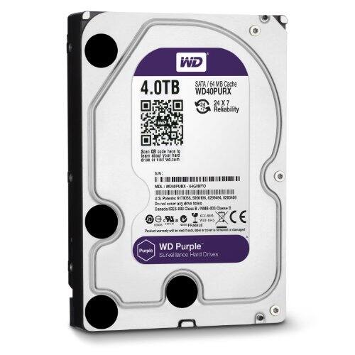WD SATA I 64 MB Cache 4.0TB WD40PURX 24 X 7 Reliability Scen OR Dode here i lears aede your hand drise ar N vd.com SIN: MOL BOMEPURK G4GUNYO U.S Potente: 0178056 58561 6296404 cencasa Do net cceN any di hoks Canada CES-023 Clss  NM8-003 Classa B LR,  ACE nne FRANLE Poodiac b bel W WD Purple Surveillance Hard Drives
