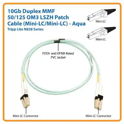 10Gb Duplex MMF 50/125 3 LSZH Patch Mini-LC Cable (Mini-LC/Mini-LC) - Aqua - Tripp Lite N838 Series
FDDI- and OFNR-Rated PVC Jacket
Mini-LC Connector
Mini-LC Connector