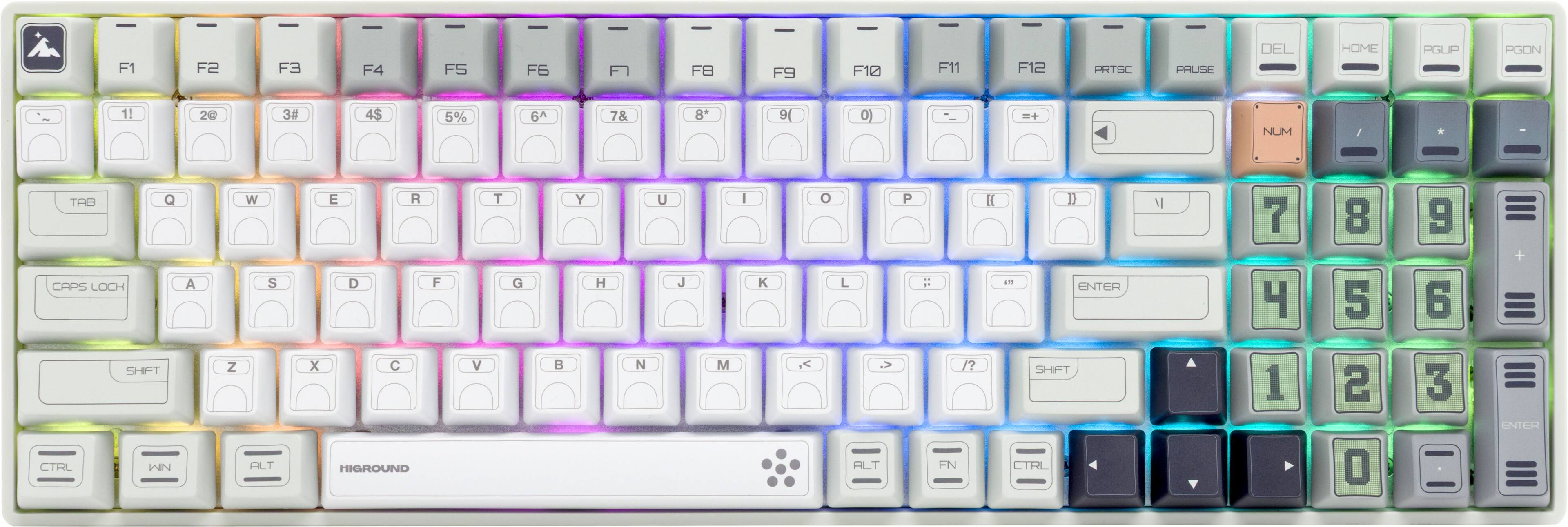 F1 F2 F3 F4 F5 F6 F7 F8 F9 F10 F11 F12 PRTSC PAUSE DEL HOME PGUP PGDN

1! 2@ 3# 4$ 5% 6^ 7& 8* 9( 0) - = NUM

Q W E R T Y U I O P [ ] \

A S D F G H J K L ; '

Z X C V B N M , . /

CAPS LOCK SHIFT CTRL WIN ALT HIGROUND

1 2 3 4 5 6 7 8 9 0 - + ENTER

CTRL FN ALT