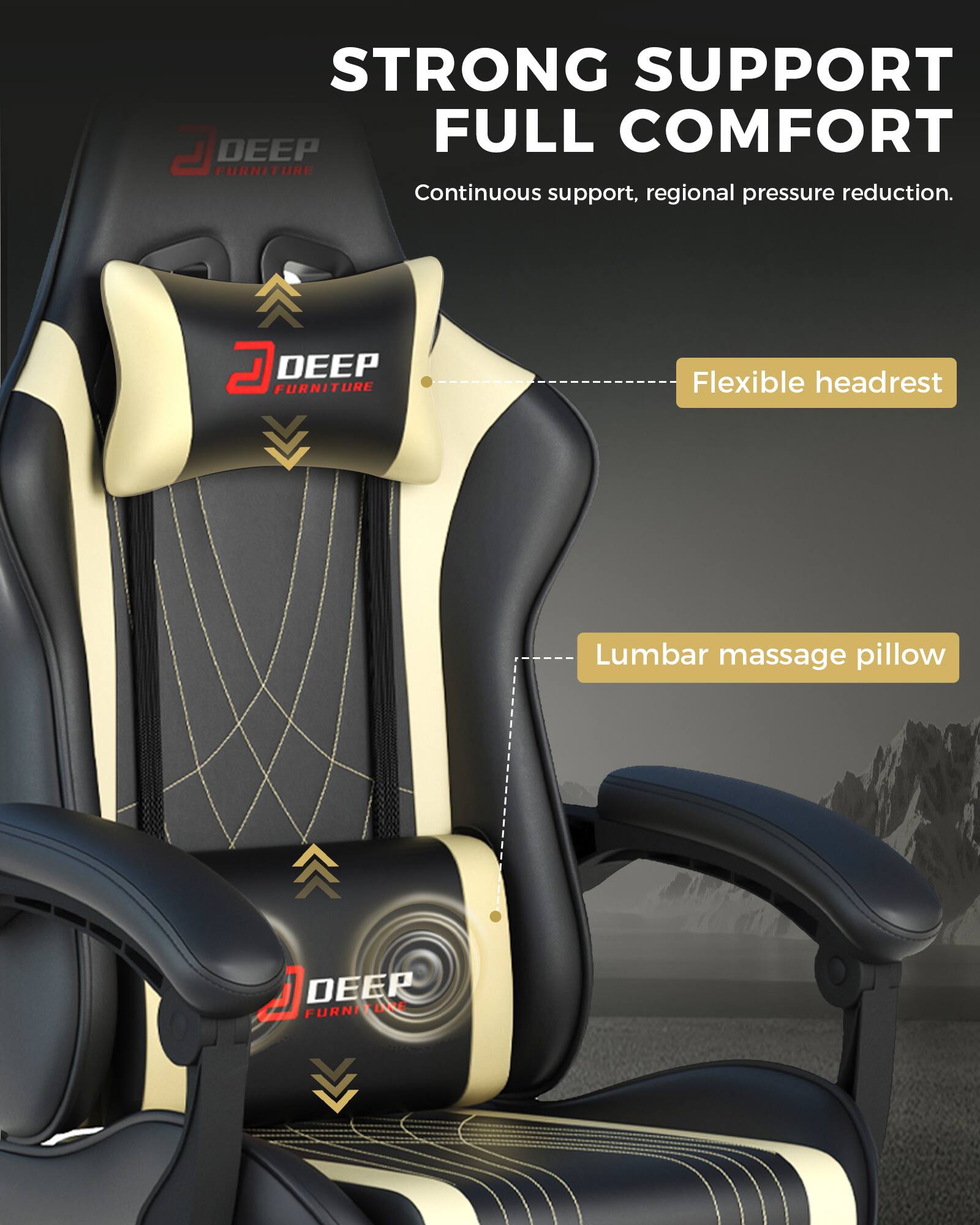 STRONG SUPPORT FULL COMFORT  
Continuous support, regional pressure reduction.  

G DEEP FURNITURE  
Flexible headrest  
Lumbar massage pillow