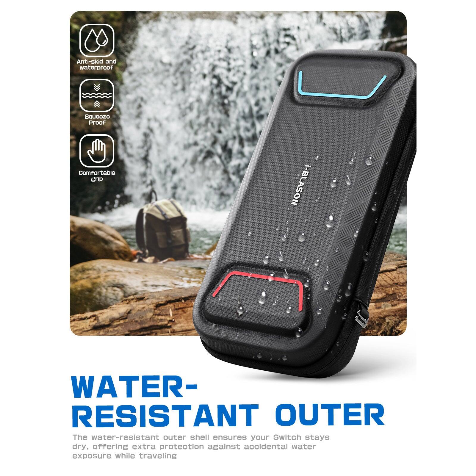 Anti-skid and waterproof  
Squeeze Proof  
Comfortable Grip  

i-BLASON WATER-RESISTANT OUTER  

The water-resistant outer shell ensures your Switch stays dry, offering extra protection against accidental water exposure while traveling
