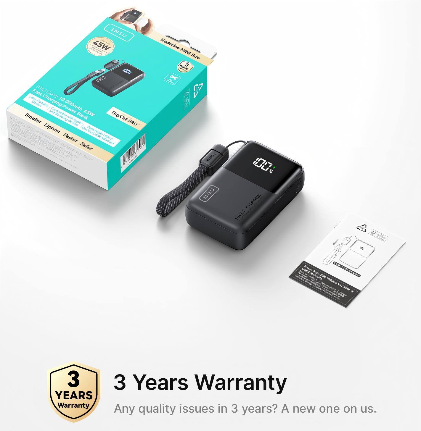 INIU 45W 00 Fast INIU Carry 10 e Charging 000mA a 4 Power Bank 45W TinyCell Smaller Semrgreoes -ad PRO Lighter Oecactutio - Faster LA C Antached Safer Redefine MIN Size 3 HEARS x n % INIU CHARGE POUE CHA FAST 2 a LISEN - MANCAL - 10000mA W 3 YEARS Warranty 3 Years Warranty Any quality issues in 3 years? A new one on us.