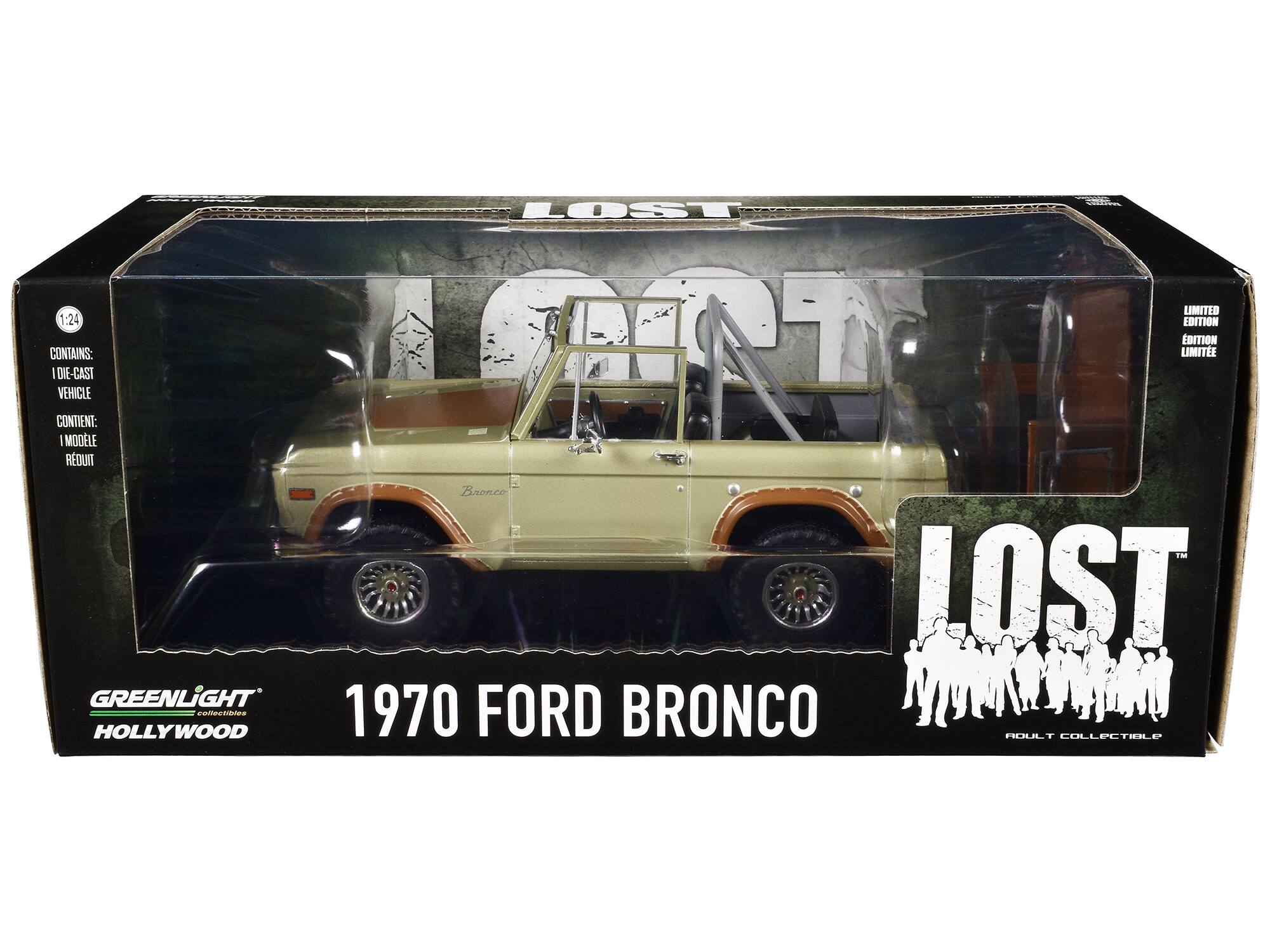 LOS 1:24 CONTAINS:  
1 DIE-CAST VEHICLE  
CONTIENT:  
1 MODÈLE RÉDUIT  

GREENLIGHT  
HOLLYWOOD COLLECTIBLES  

1970 FORD BRONCO  

LOST  
LIMITED EDITION  
BRONCO  

LOST  
ADULT COLLECTIBLE