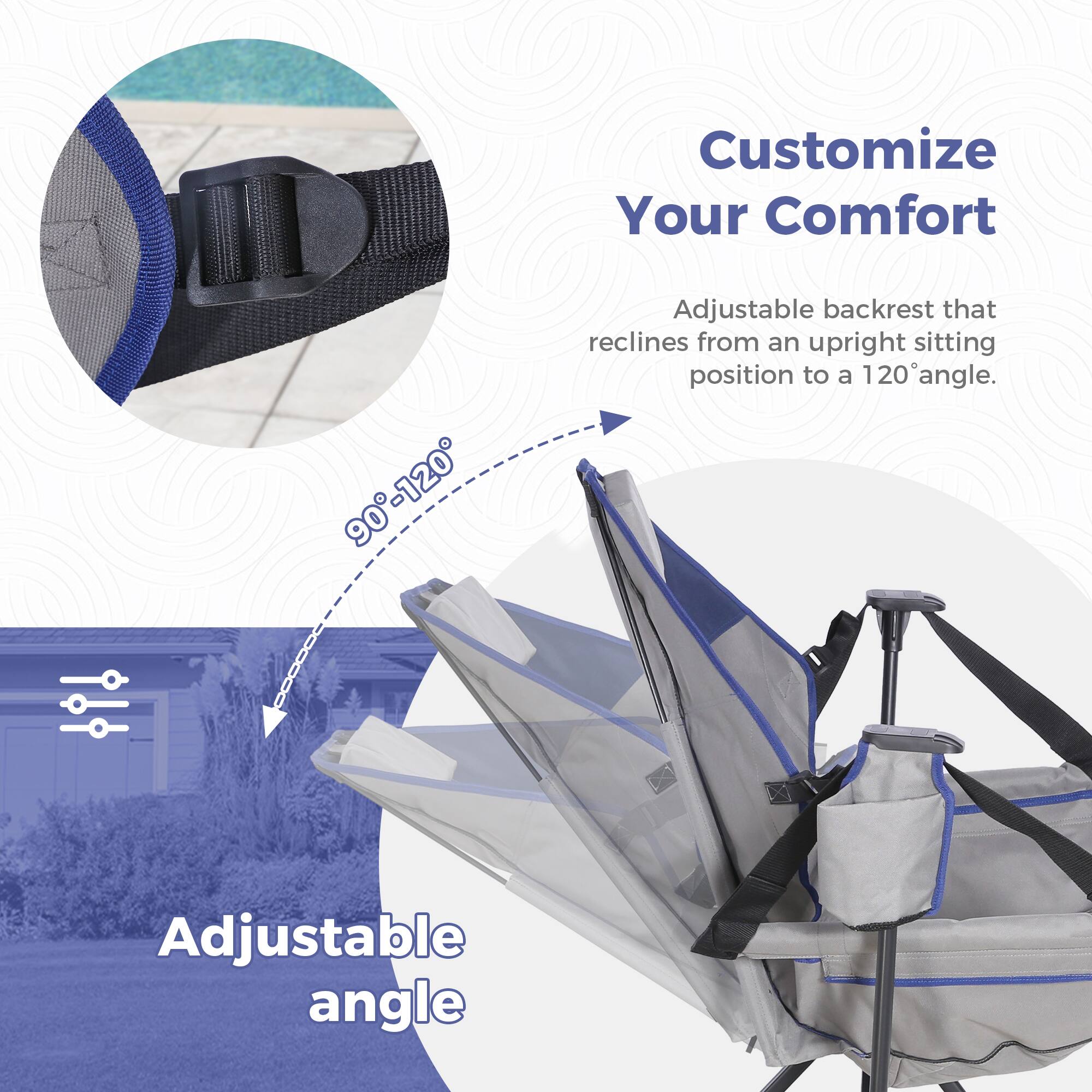 Customize Your Comfort

Adjustable backrest that reclines from an upright sitting position to a 120° angle.

Adjustable angle

90°-120°