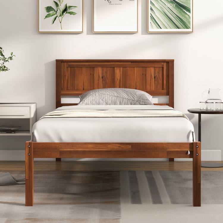Angle. Hivvago - Hivvago Twin Size Retro Wood Platform Bed Frame with Headboard - Walnut.