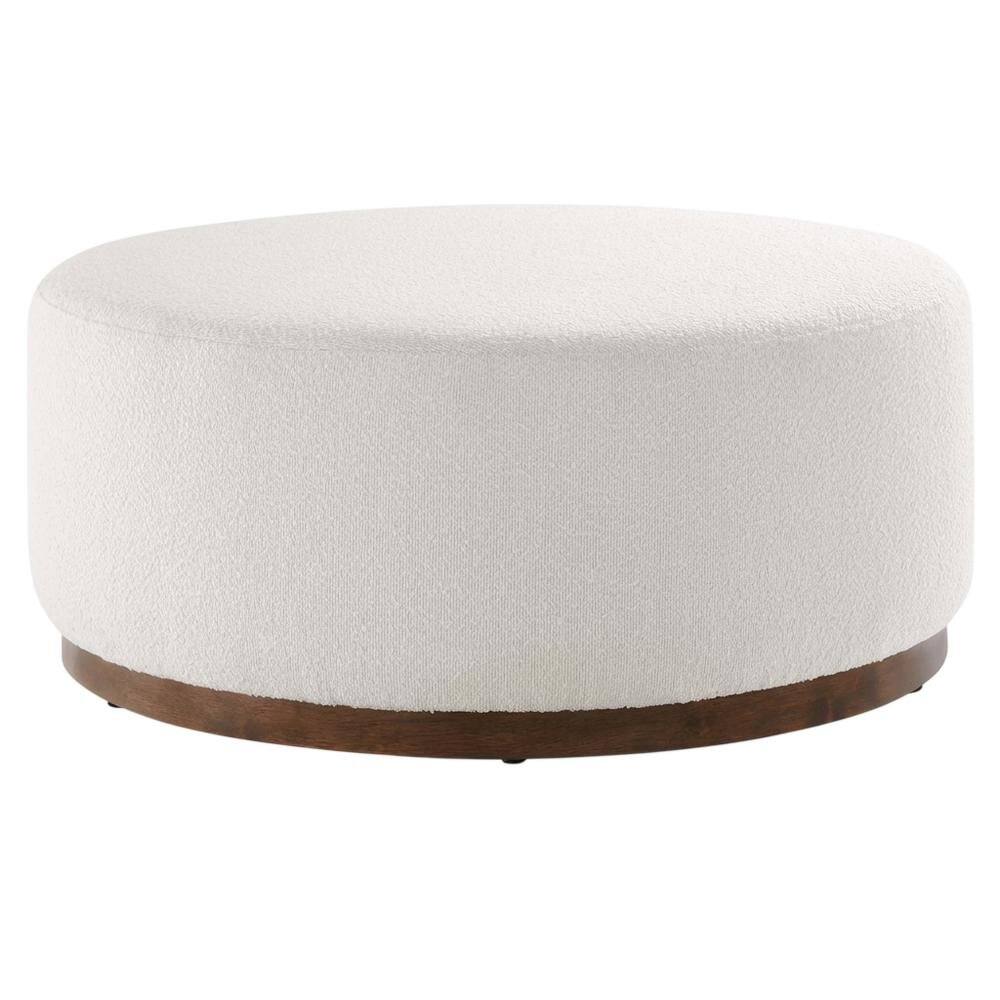 Back. Outdoor Escape - Round boucle upholstered outdoor ottoman with cushioned top, modern design - Brown.