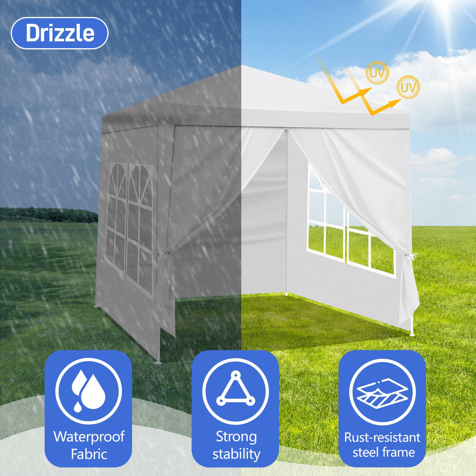 Drizzle

- UV Protection
- Waterproof Fabric
- Strong Stability
- Rust-resistant Steel Frame