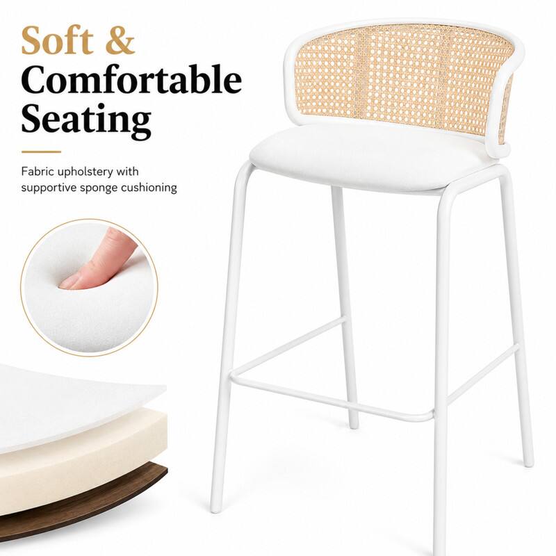 LeisureMod Ervilla Mid Century Modern Wicker Bar Stool, Fabric Seat ...