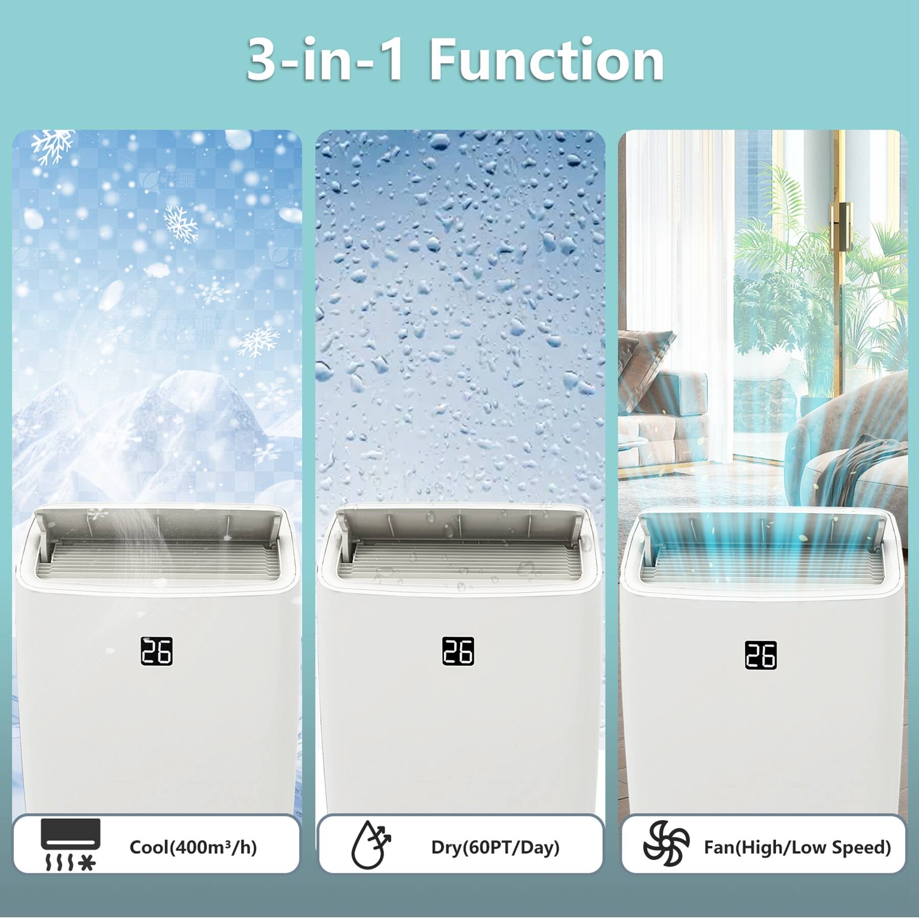 3-in-1 Function

Cool (400m³/h)

Dry (60PT/Day)

Fan (High/Low Speed)