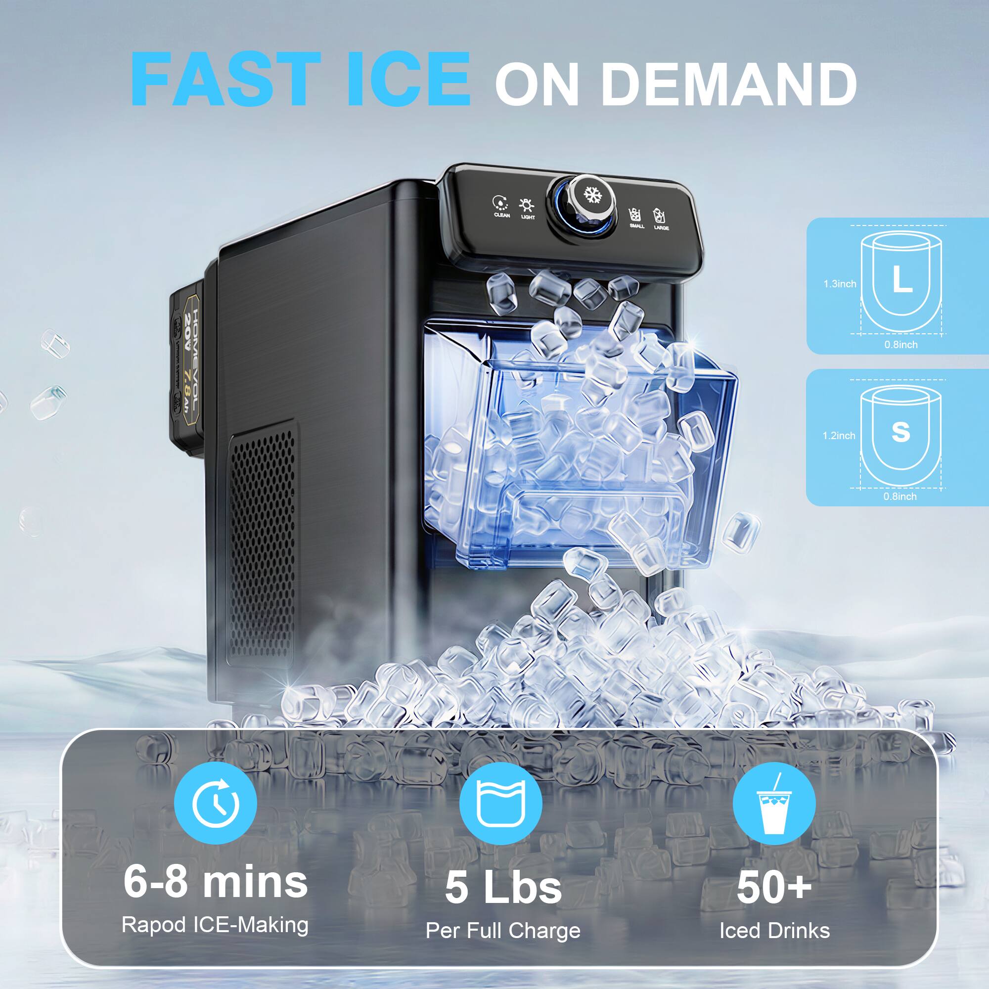FAST ICE ON DEMAND

- 3inch - 2inch - 0.8inch
- 6-8 mins Rapid ICE-Making
- 5 Lbs Per Full Charge
- 50+ Iced Drinks