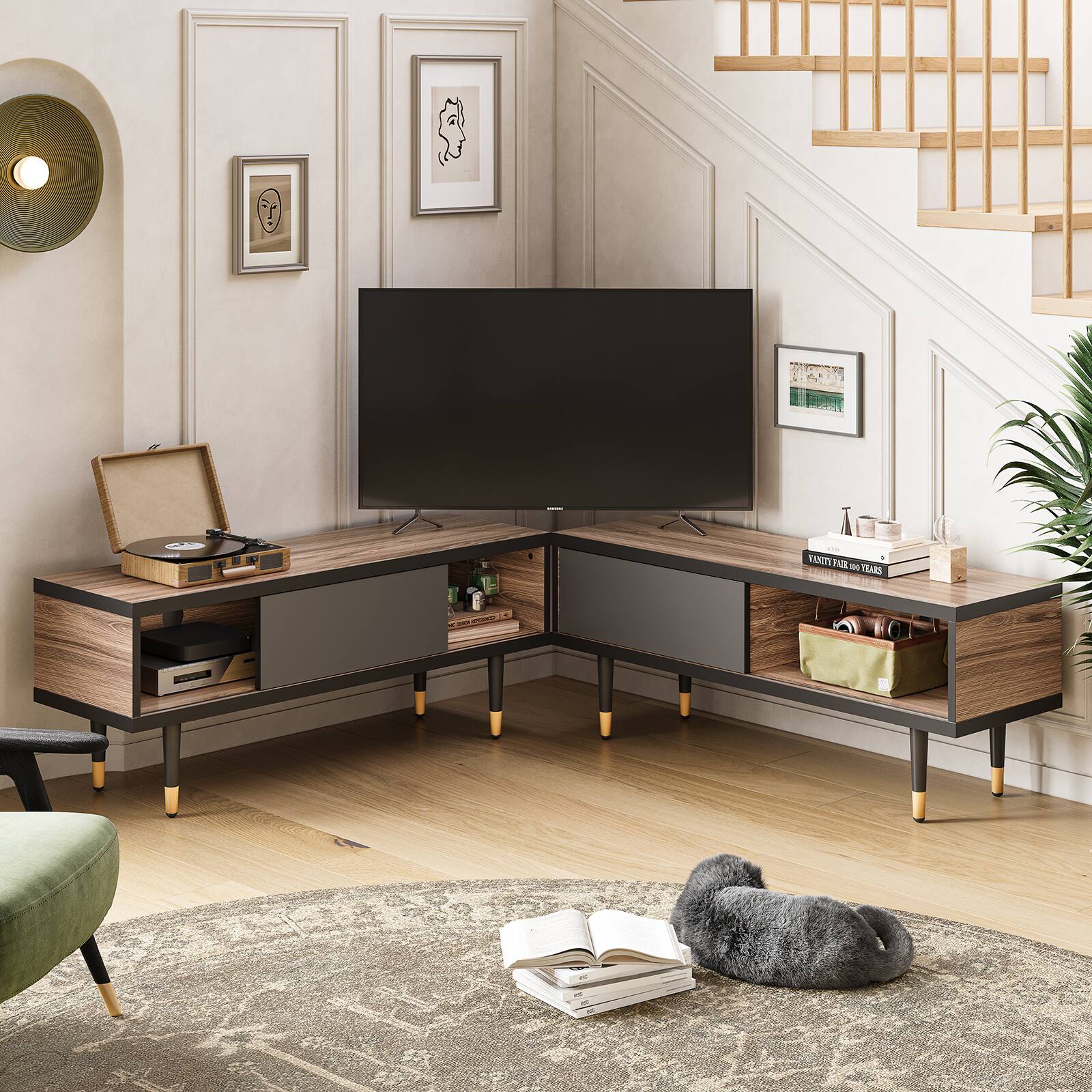 The image shows a living room with a large flat screen TV mounted on the wall. The room has a wooden floor and a rug underneath the TV. There are two shelves on either side of the TV, each containing a collection of books. A chair is placed in the room, and a cat is lying on the floor, adding a cozy and comfortable atmosphere to the space.
