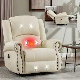 Ropilly - Massage Recliner Chair, Manual Swivel Rocker Recliner with Lumbar Heat and Vibration, Faux Leather - Beige