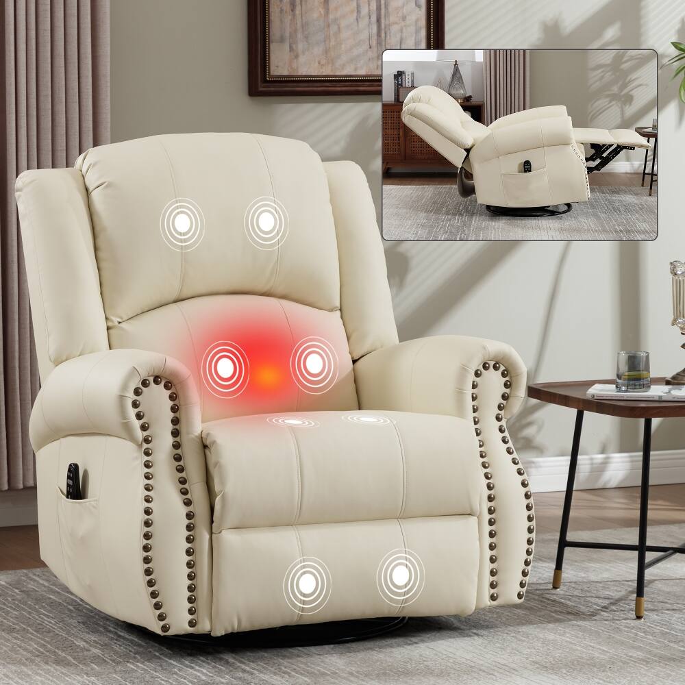 Front. Ropilly - Ropilly Beige Massage Recliner Chair, Manual Swivel Rocker Recliner with Lumbar Heat and Vibration, Faux Leather - Beige.