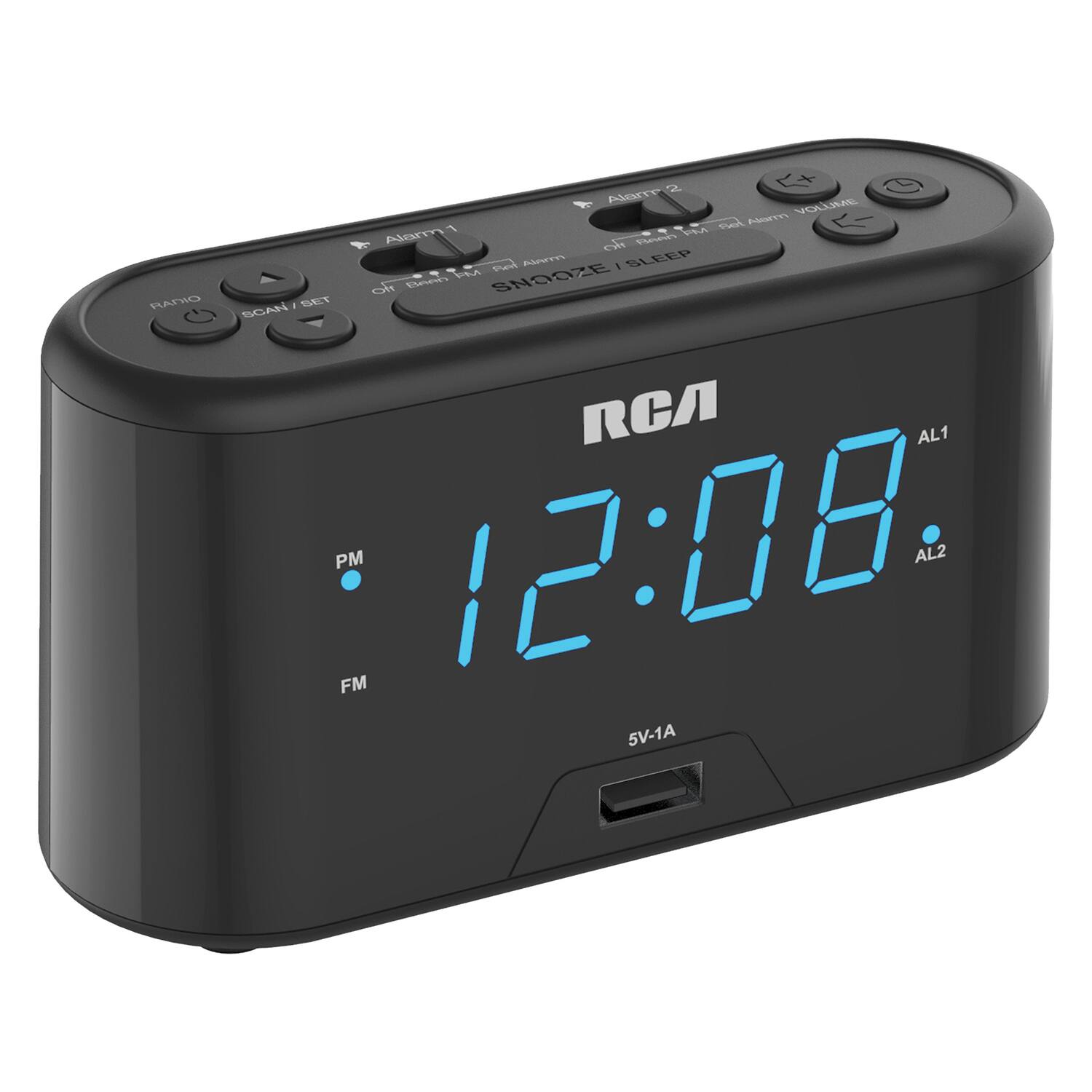 RCA 5V-1A  
Alarm 1  
Alarm 2  
Radio  
Scan / Set  
Volume  
Snooze / Sleep  
PM  
FM