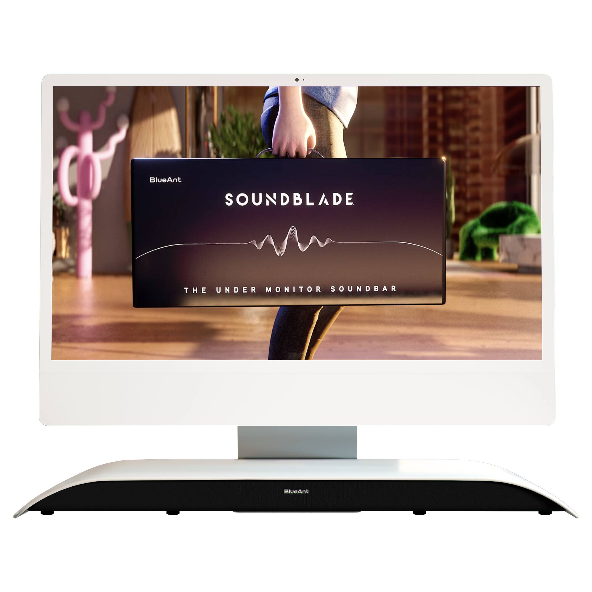 The image features a computer monitor with a box in front of it, which reads "SOUNDBLADE." The box is placed on a desk, and the monitor is positioned above the box. The text on the box is large and clear, making it easy to read.