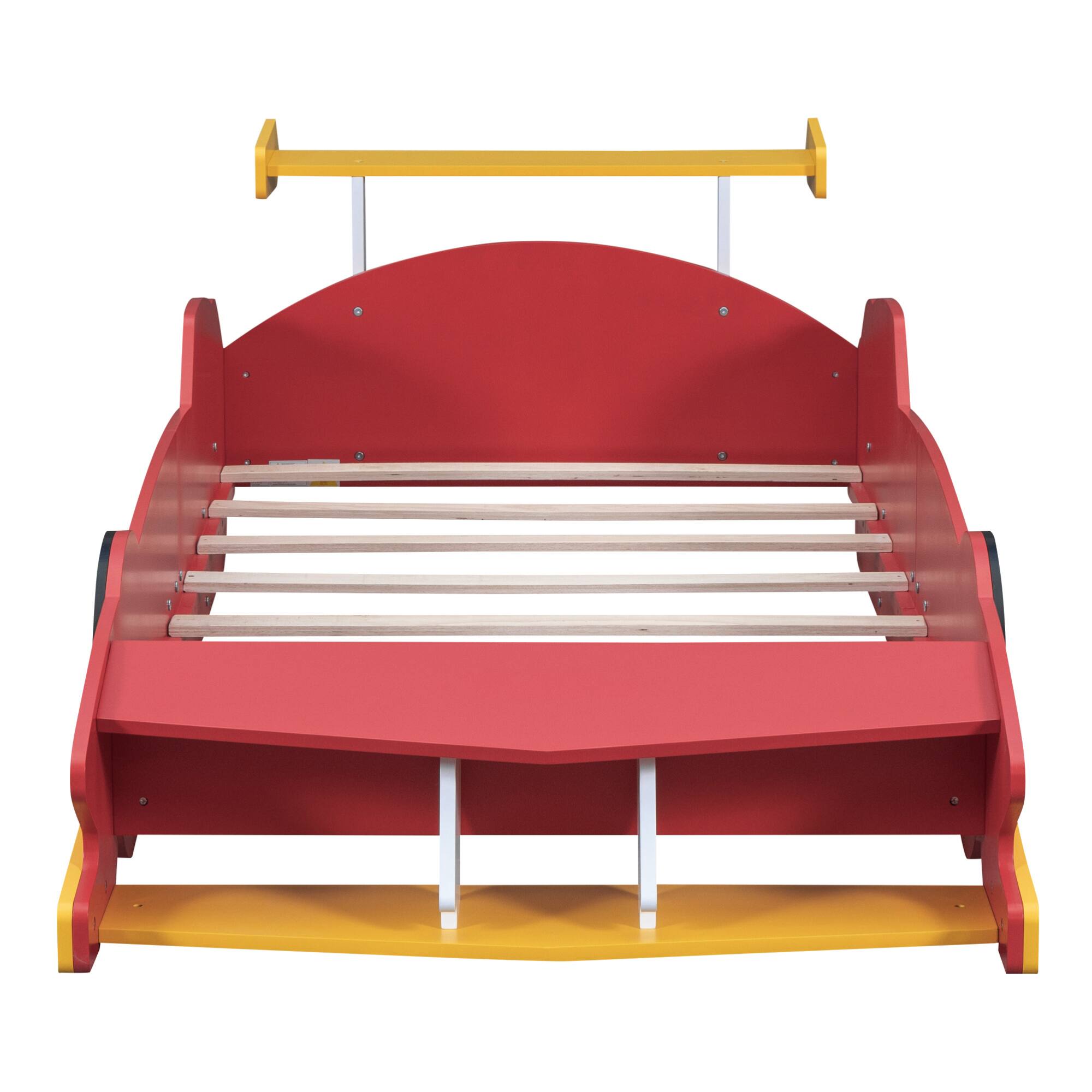 Alt View 4. GOODSILO - Twin Size Youth Race Car Themed Platform Bed with Side Rails and Decorative Wheels - Red.