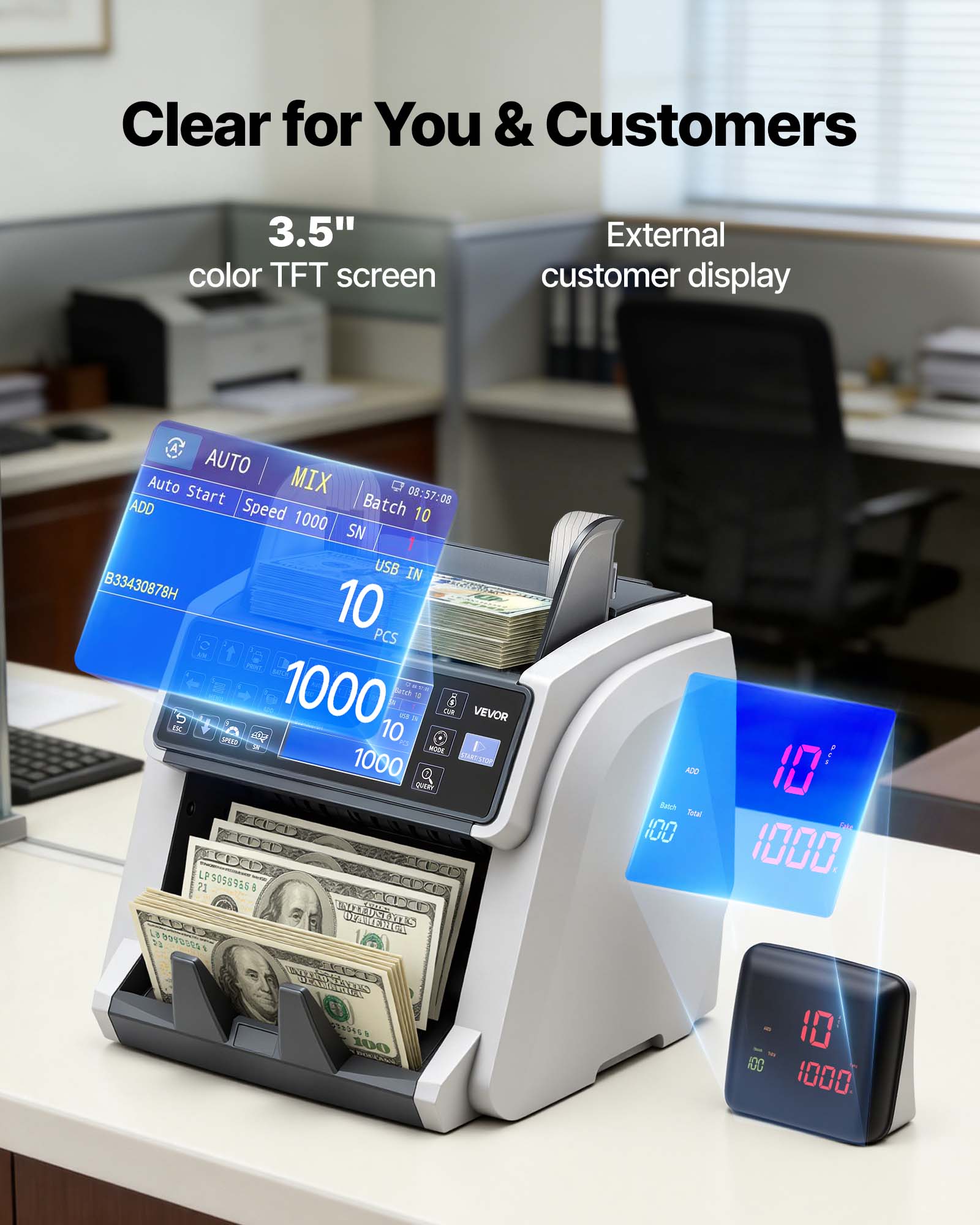 Clear for You & Customers

3.5" color TFT screen

External customer display
