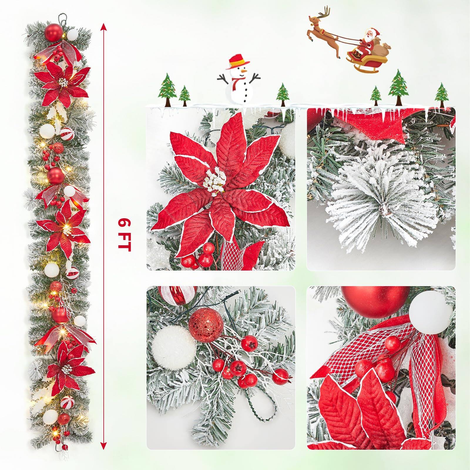 Left. Acekool - 6FT Pre-Lit Christmas Garland with 20 Lights Flowers Ball Ornaments Berries for Fireplace Mantle Indoor Outdoor Decor - Red.