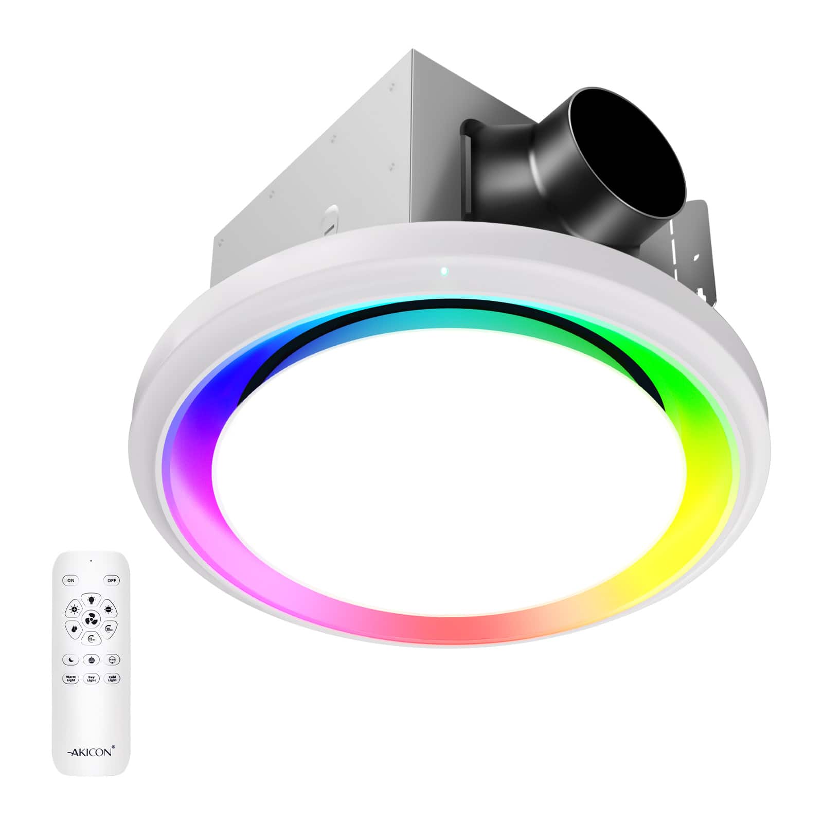 Akicon - RGB2 110 CFM 1.5 Sone Ceiling Bathroom Exhaust Fan with Dimmable and RGB Light, Remote, Humidity Sensor, Round - White