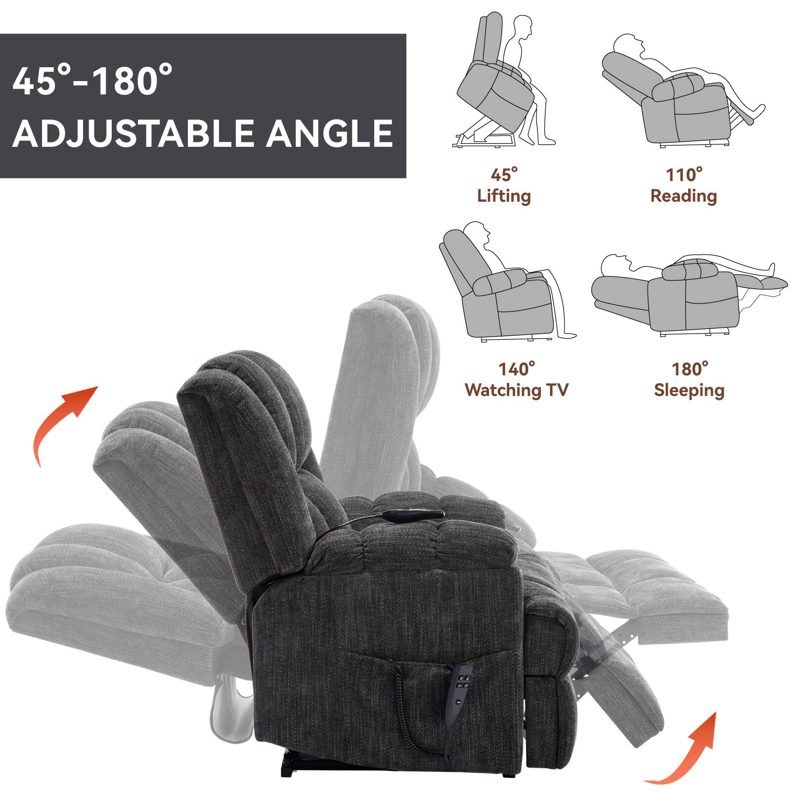 45°-180° Adjustable Angle

- 45° Lifting
- 110° Reading
- 140° Watching TV
- 180° Sleeping