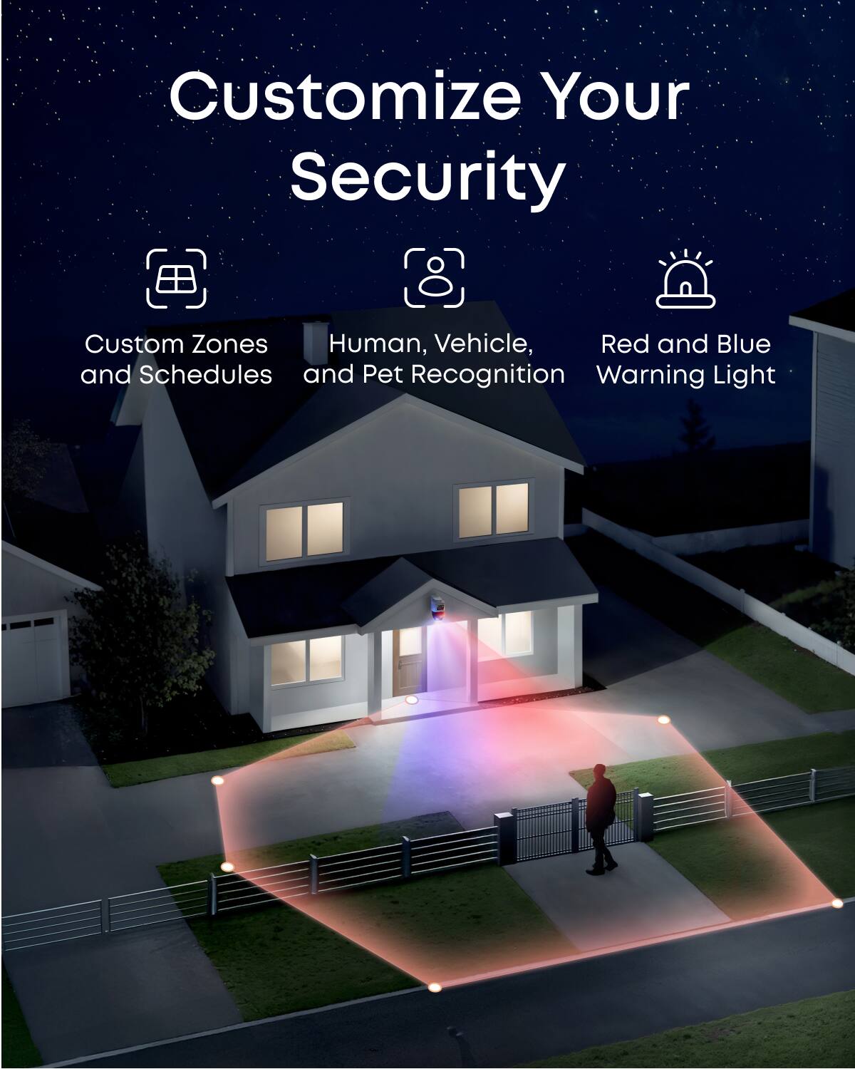 Customize Your Security

Custom Zones and Schedules

Human, Vehicle, and Pet Recognition

Red and Blue Warning Light