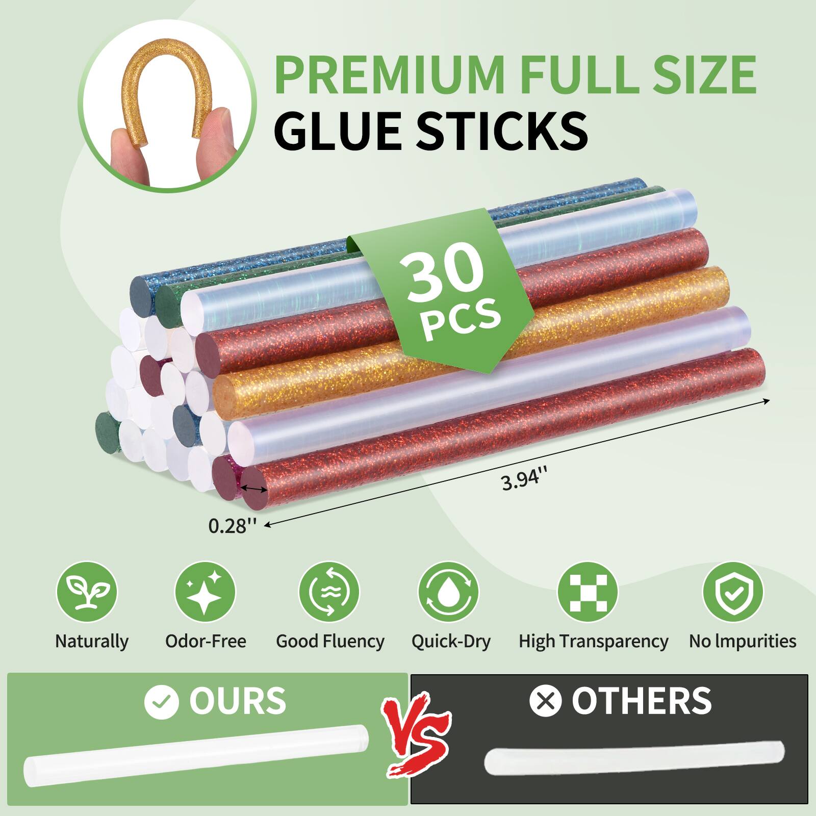 PREMIUM FULL SIZE GLUE STICKS  
30 PCS  
3.94" x 0.28"  
Naturally Odor-Free  
Good Fluency  
Quick-Dry  
High Transparency  
No Impurities  

OURS vs OTHERS