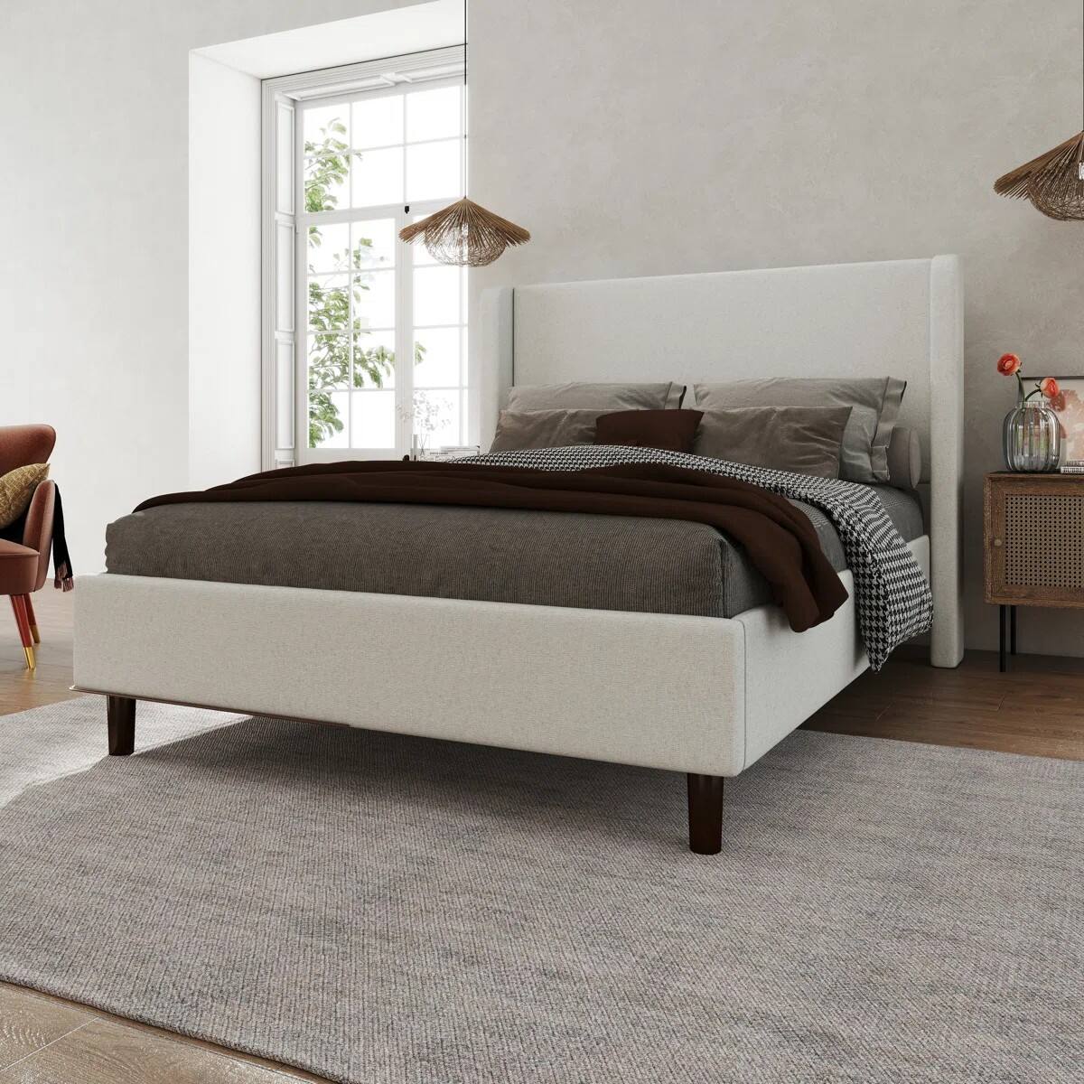 Alt View 7. KERDOM - Platform Bed Frame With Chenille High Headboard & Strong Legs, Tall Wingback, Noise-Free, 800lbs Capacity, Widen Side - White.