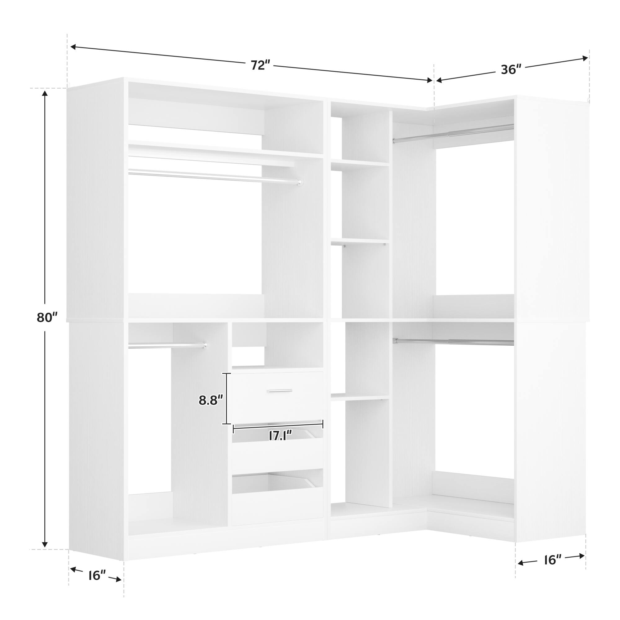 72" x 36" x 80"  
8.8" x 17.1" x 16" x 16"