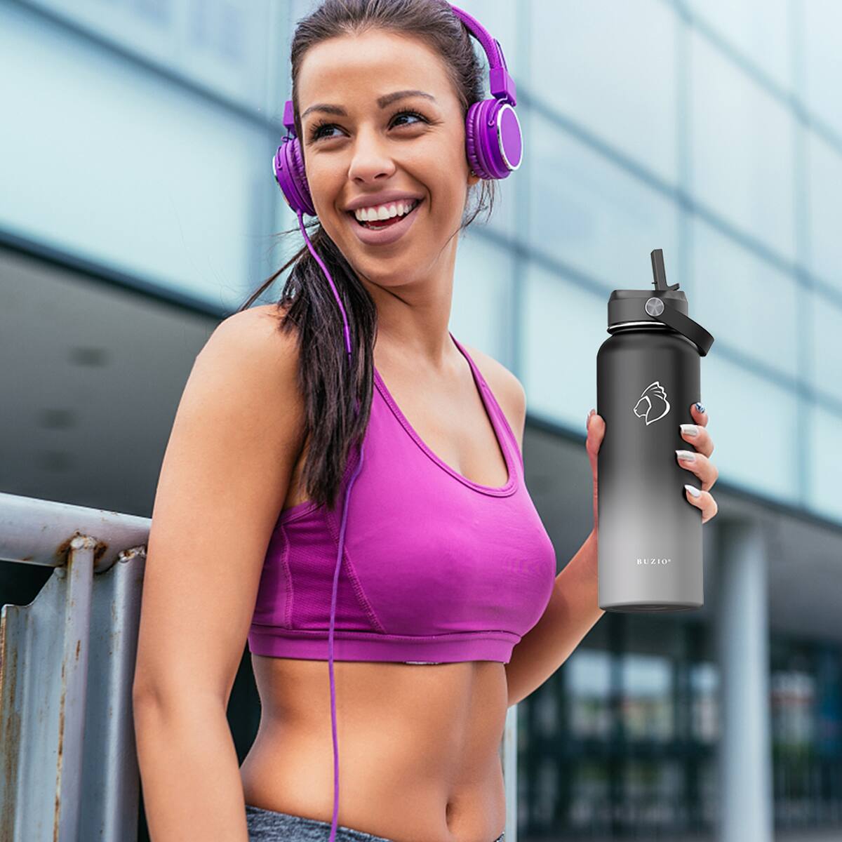 Alt View 15. Buzio - 40oz Insulated Water Bottle with Straw Lid and Spout Lid - Black & Gray.