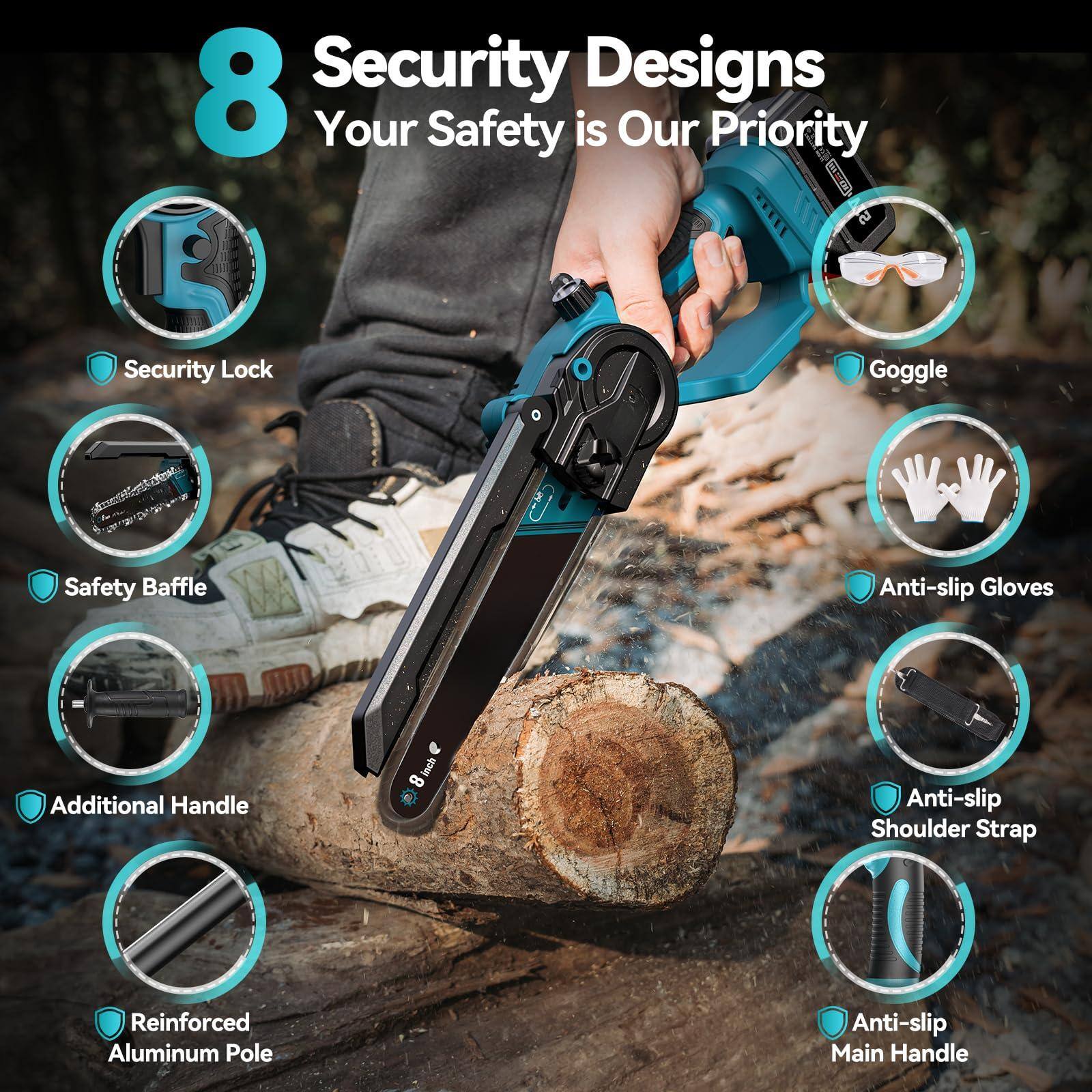 8 Security Designs  
Your Safety is Our Priority  

- Security Lock  
- Safety Baffle  
- Additional Handle  
- Reinforced Aluminum Pole  
- Anti-slip Main Handle  
- Anti-slip Shoulder Strap  
- Anti-slip Gloves  
- Goggle
