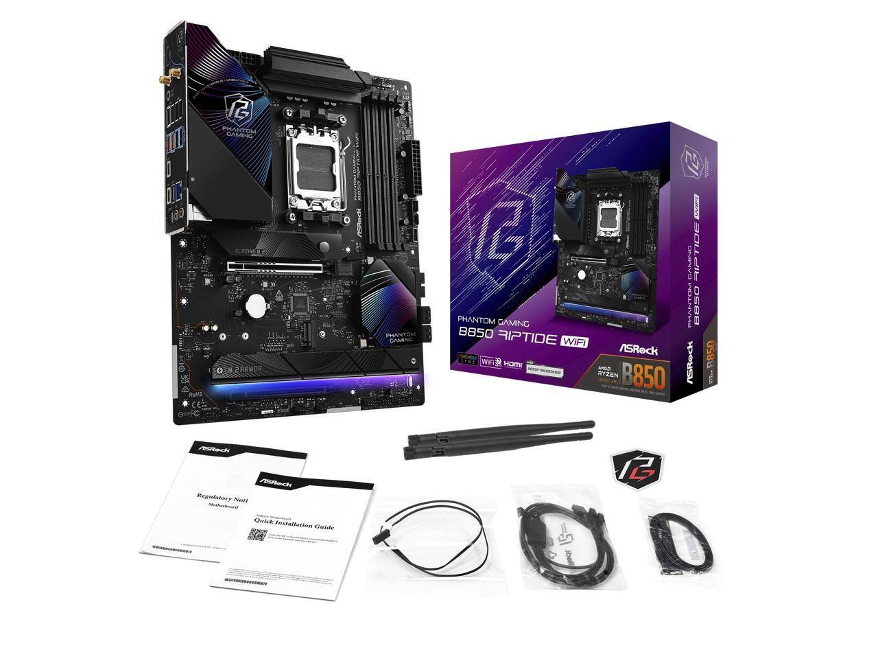 Sure, here is the corrected and grouped text:

**Motherboard:**
- B850 Riptide WiFi
- Phantom Gaming
- ASRock

**Box:**
- B850 Riptide WiFi
- Phantom Gaming
- ASRock

**Regulatory Notice:**
- Motherboard
- Quick Installation Guide

**Additional Text:**
- TOT IT D OT 661
- Rolts 2
- PHANTOM GAMING CLANSR
- CERMOR
- ARed PHANTOM GAMING
- CS DE GAMINO RIPT
- PHANTOM 0850 B850 RIPTIDE WiFi
- SRock B850
- mai WF D HORE
- ASReck
- C RYZEN
- B850 NT- 0=FC
- MRach
- AGReck
- Regulatory Plnti Monhorhoand Quick Installation Guide 12

**Logo:**
- TG (Phantom Gaming)
