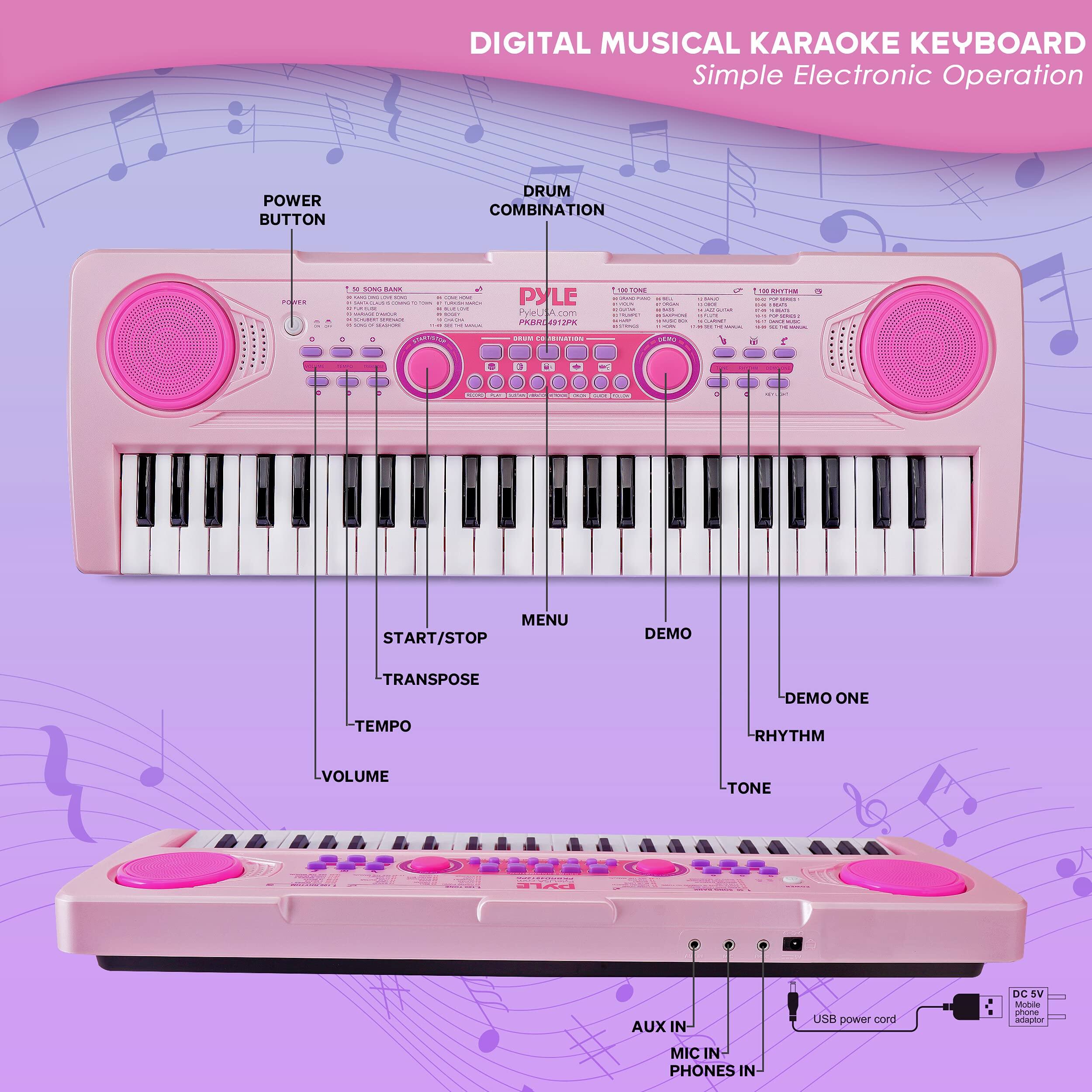 DIGITAL MUSICAL KARAOKE KEYBOARD  
Simple Electronic Operation

- POWER BUTTON
- DRUM COMBINATION
- MENU
- START/STOP
- TRANSPOSE
- TEMPO
- VOLUME
- DEMO
- DEMO ONE
- RHYTHM
- TONE
- AUX IN
- MIC IN
- PHONES IN
- USB power cord
- DC 5V
- Mobile
- Canadian MIC IN
- PYLE
- Pyleli
- A COME PAE
- nthn_os LH CM
