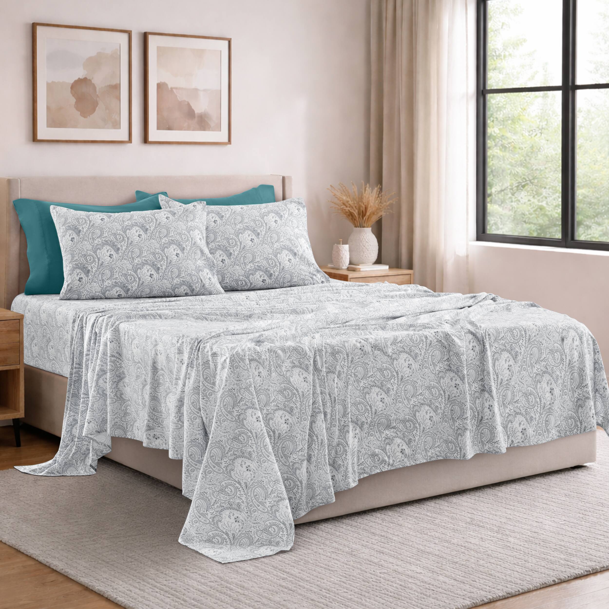 Angle. Lux Decor Collection - Lux Decor Collection 6-Piece Queen Sheet Set, Paisley Design Brushed Microfiber Deep Pocket Sheets - White Gray.