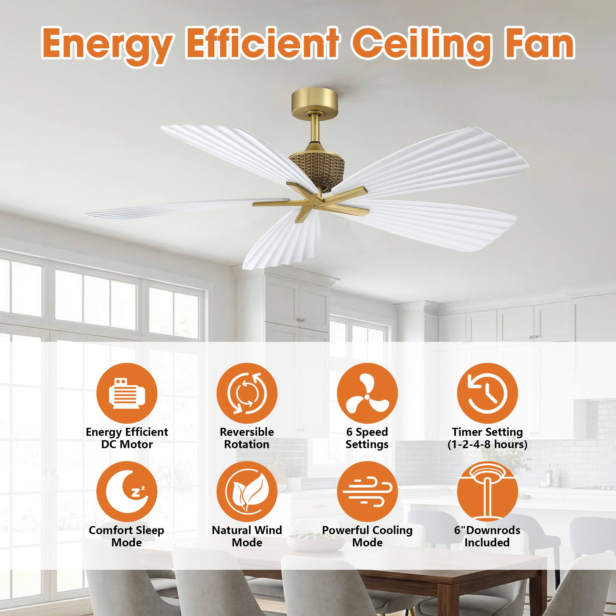 Energy Efficient Ceiling Fan

- Energy Efficient DC Motor
- Reversible Rotation
- 6 Speed Settings
- Timer Setting (1-2-4-8 hours)
- Comfort Sleep Mode
- Natural Wind Mode
- Powerful Cooling Mode
- 6" Downrods Included