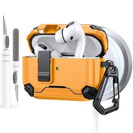 Dteck - Case for Airpods Pro 2nd Gen (2022) with Magnetic Lock,Compatible with Mag Safe,Carbon Fiber Texture Cover + Carabiner - Yellow