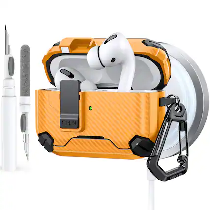 Front. Dteck - Case for Airpods Pro 2nd Gen (2022) with Magnetic Lock,Compatible with Mag Safe,Carbon Fiber Texture Cover + Carabiner - Yellow.