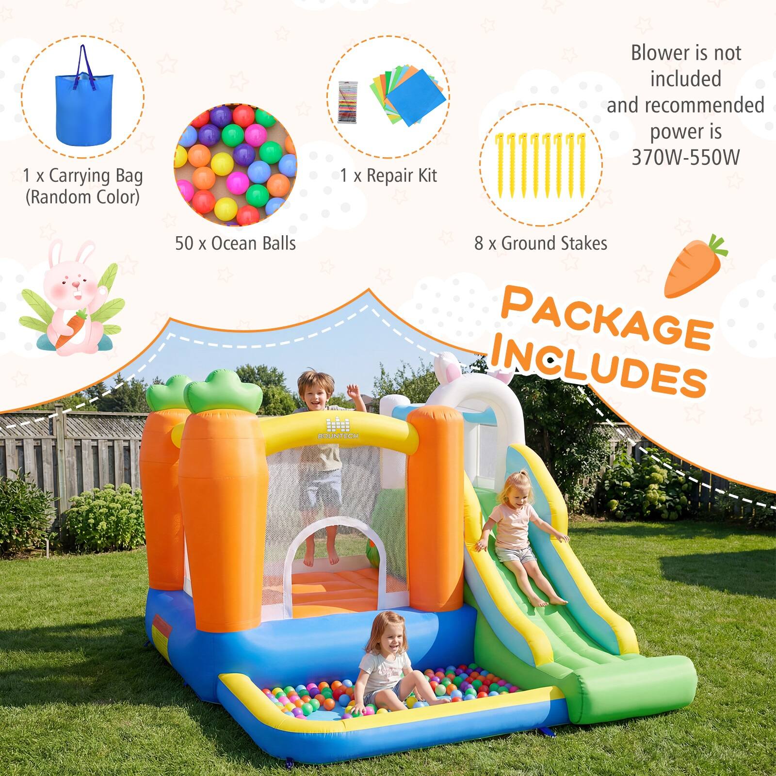 1 X Carrying Bag (Random Color)  
1 X Repair Kit  
50 X Ocean Balls  
8 X Ground Stakes  

Blower is not included and recommended power is 370W-550W  

PACKAGE INCLUDES