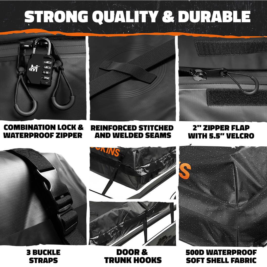 STRONG QUALITY & DURABLE

- COMBINATION LOCK & WATERPROOF ZIPPER
- REINFORCED STITCHED AND WELDED SEAMS
- 2" ZIPPER FLAP WITH 5.5" VELCRO
- 3 BUCKLE STRAPS
- DOOR & TRUNK HOOKS
- 500D WATERPROOF SOFT SHELL FABRIC