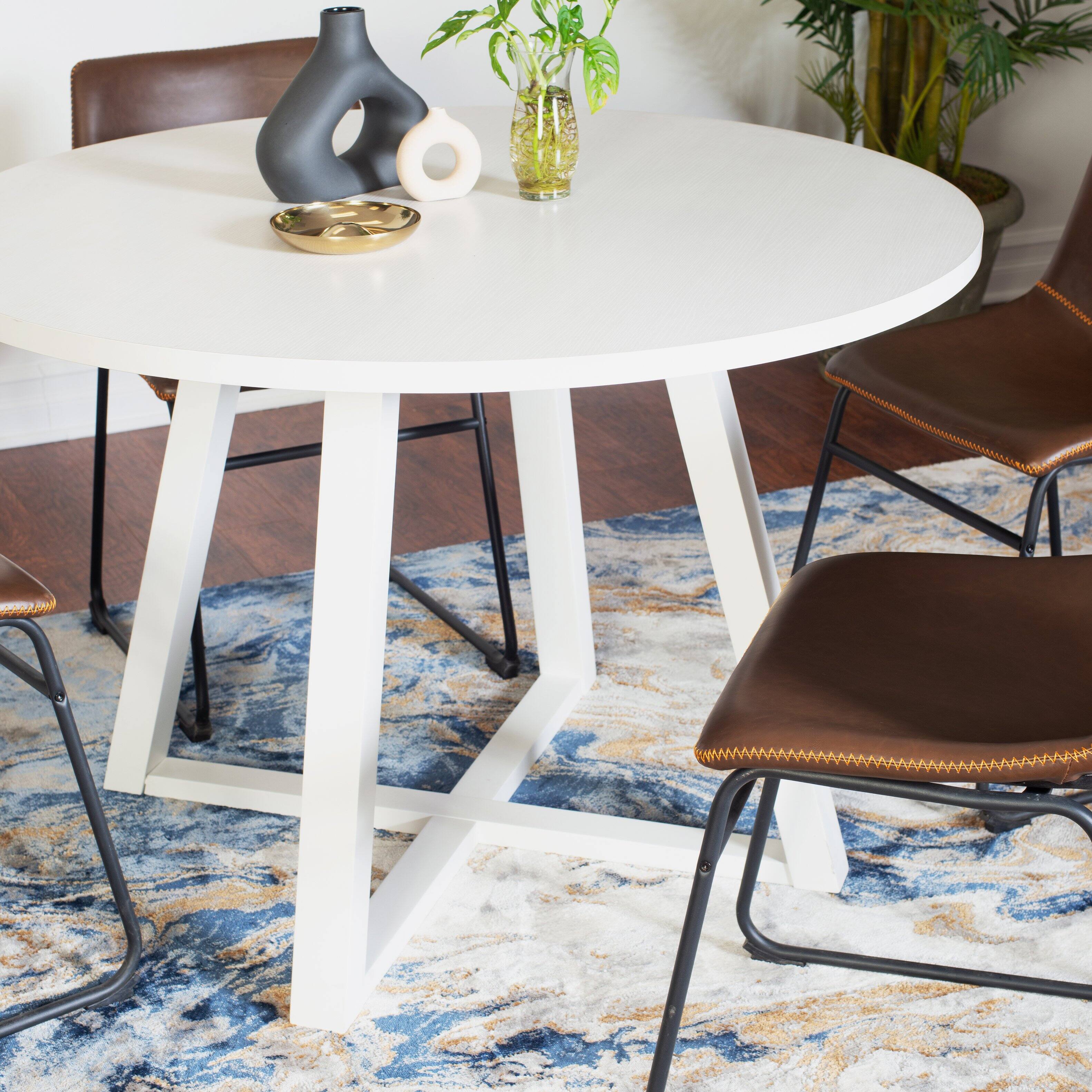 Back. TinyHomie - 5-Piece Round Dining Set Trestle Dining Table with 4 Stylish Chairs - White.