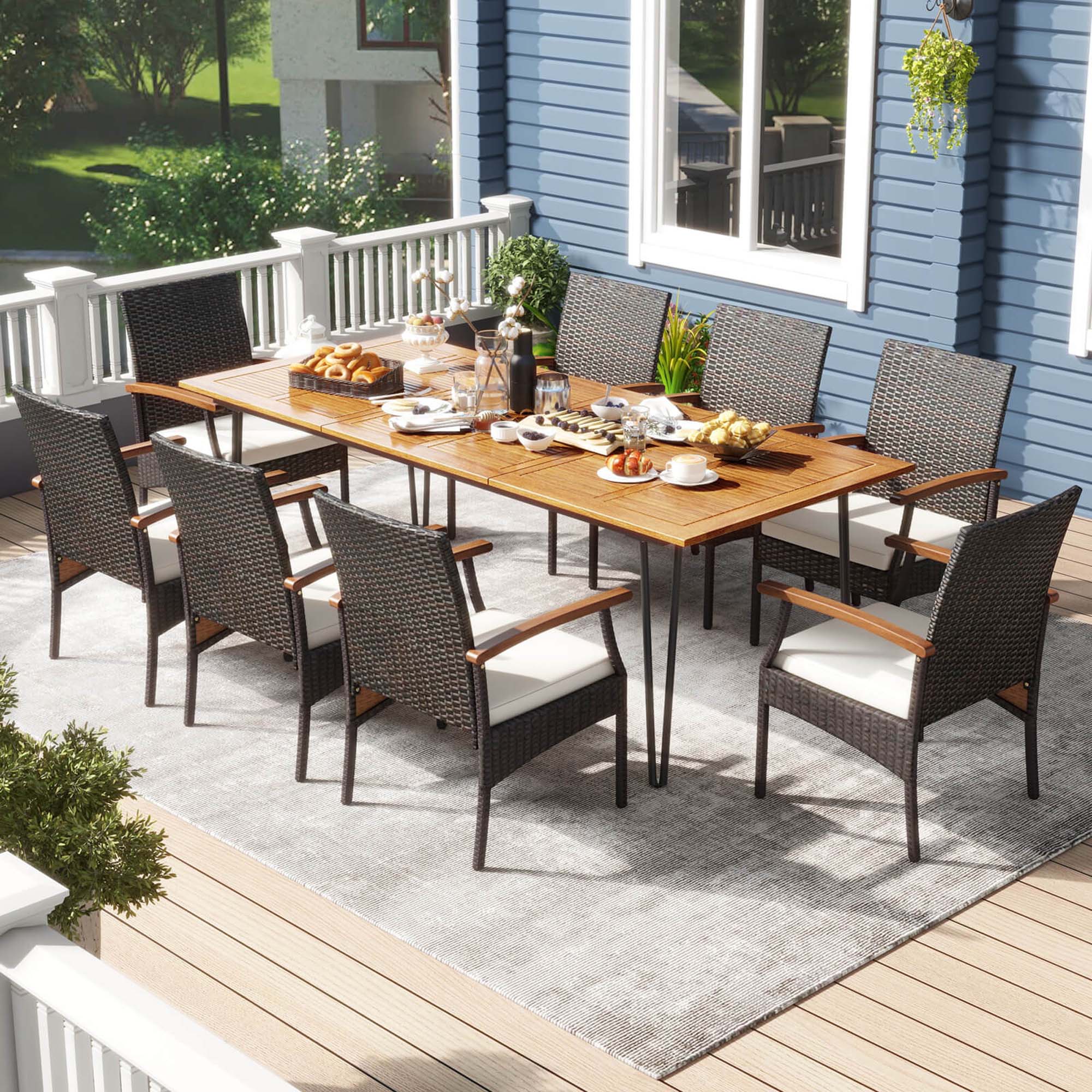 Alt View 1. Costway - 9 PCS Outdoor Patio Dining Set Armchairs Set of 8 and Acacia Wood Square Table - Mix Brown,Off White.