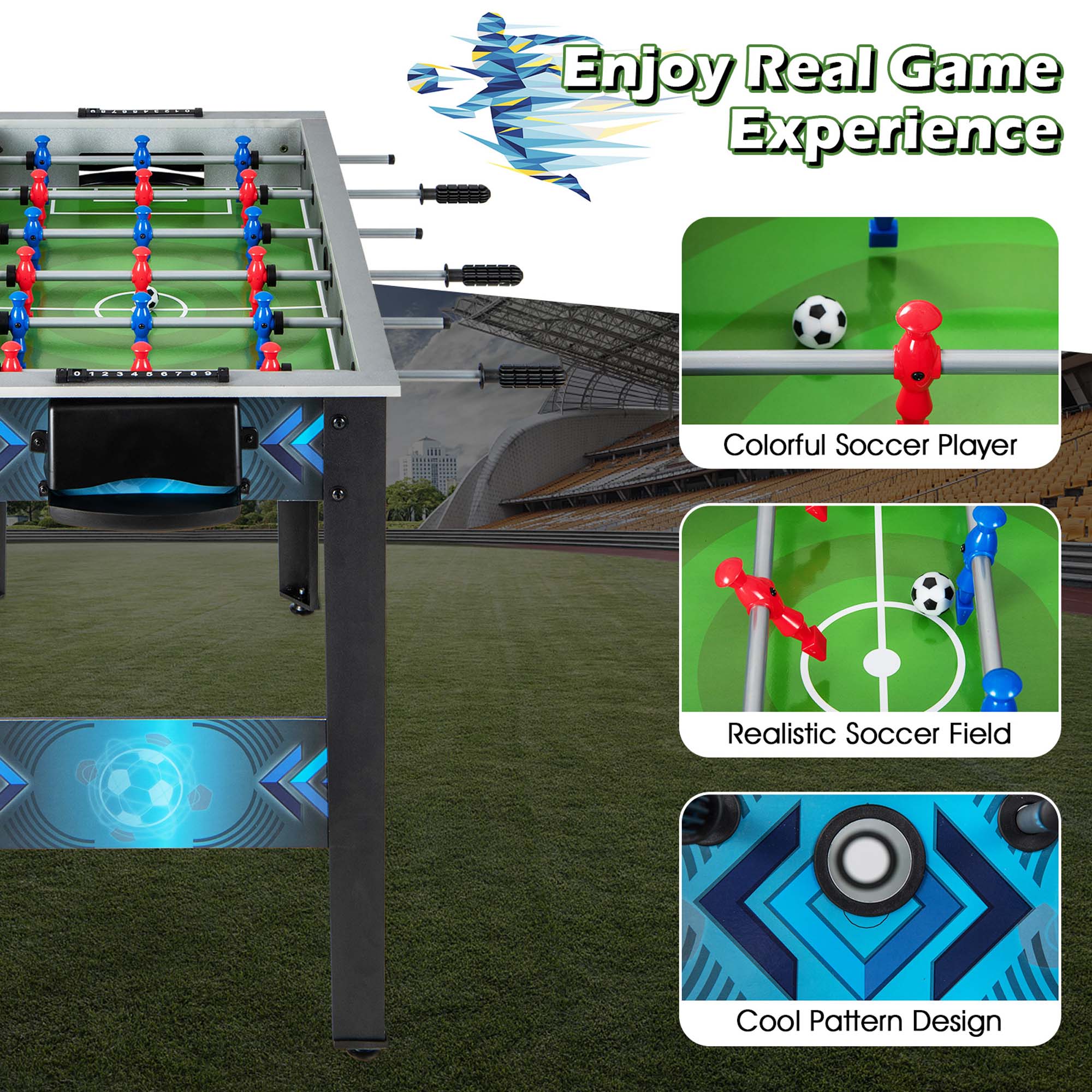 Enjoy Real Game Experience: Colorful Soccer Player, Realistic Soccer Field, Cool Pattern Design.