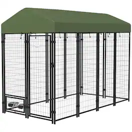 Pawhut - Dog Kennel with Rotating Bowl Holders, Pet Playpen with Waterproof Cover - Green