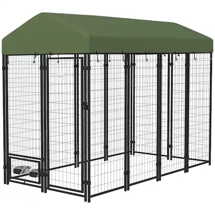 Front. Pawhut - Dog Kennel with Rotating Bowl Holders, Pet Playpen with Waterproof Cover - Green.