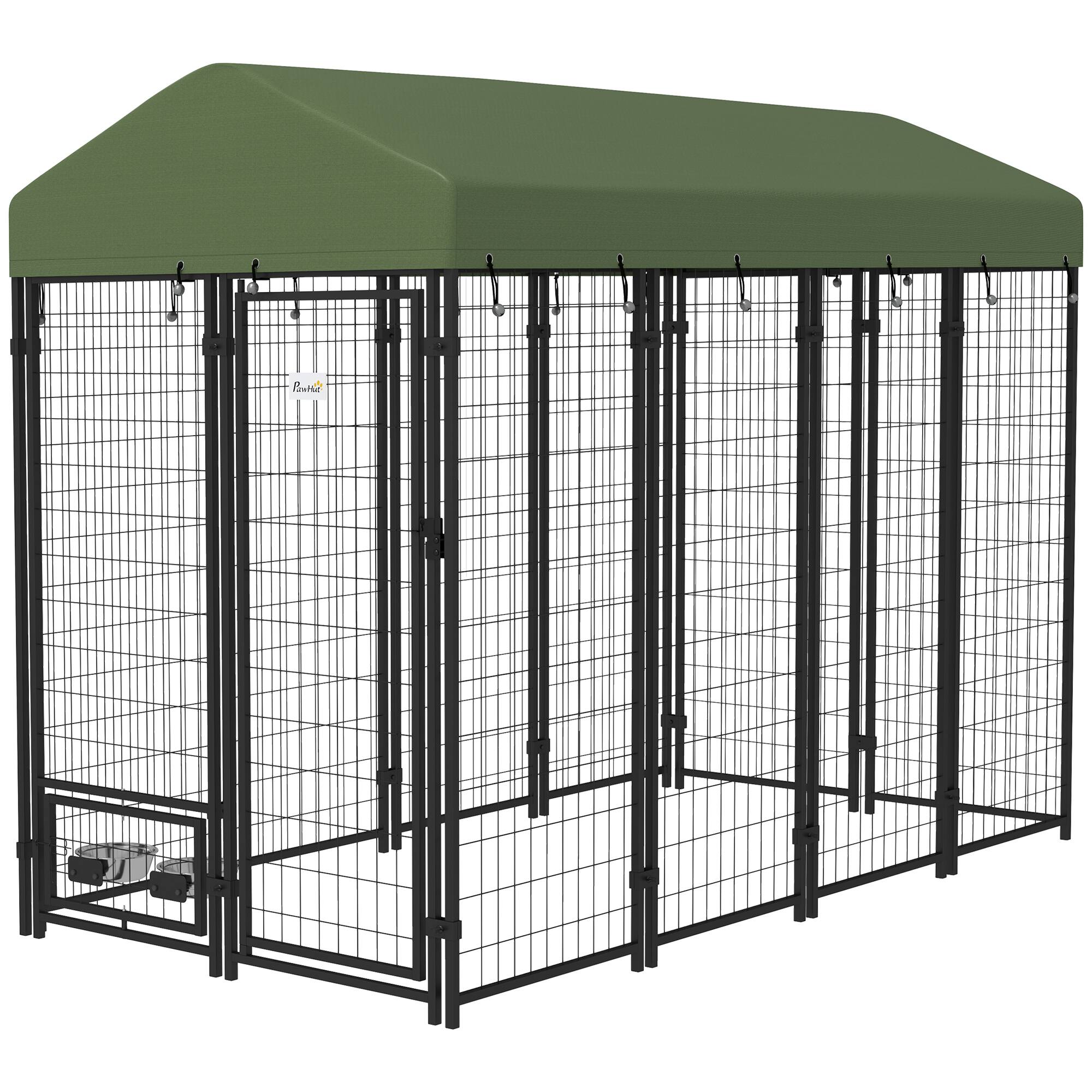 Front. Pawhut - Dog Kennel with Rotating Bowl Holders, Pet Playpen with Waterproof Cover - Green.